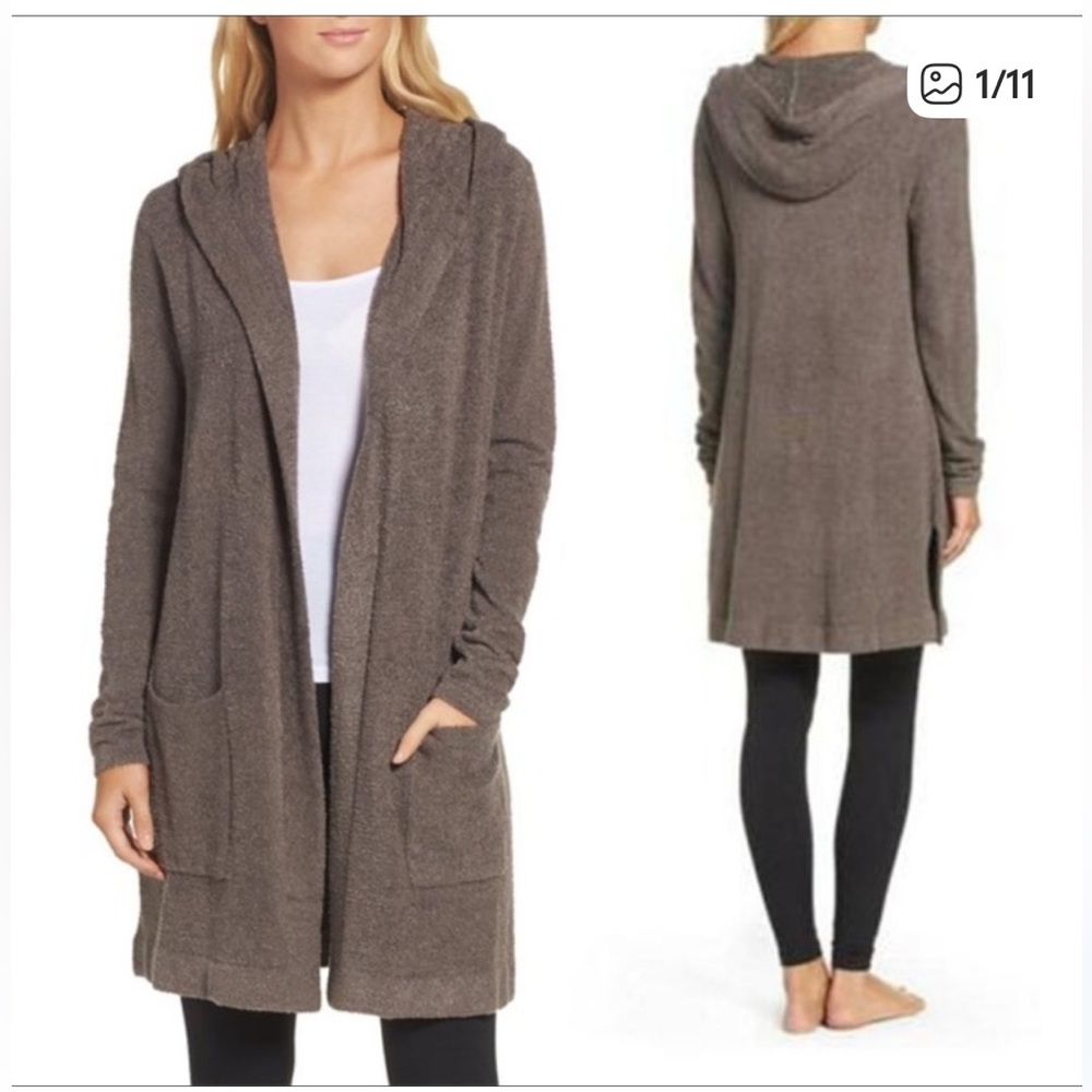 Barefoot Dreams Hooded Open-Front Cardigan - Taupe